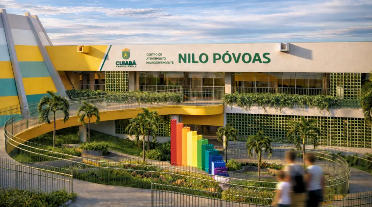 Prédio moderno com rampas, jardins e uma escultura colorida em degradê. No topo, o letreiro 