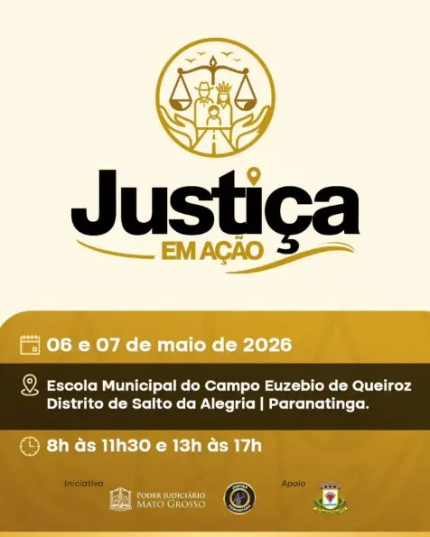 Banner vertical do Justiça Sem Fronteiras, nas cores dourado, bege e preto. A arte contém a data, horário e local de atendimento do mutirão, bem como as logomarcas das instituições parceiras.