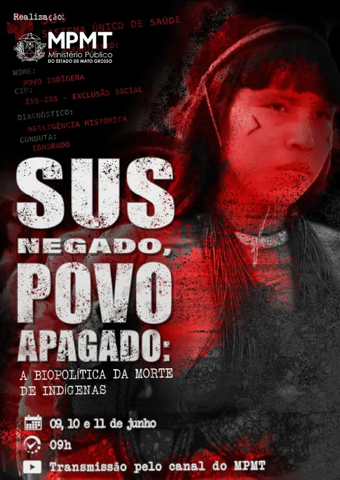 Cartaz com fundo escuro e detalhes em vermelho traz o rosto de uma pessoa indígena e o texto destacado: 
