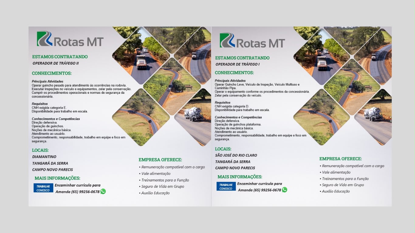Rotas MT abre vagas para Operador de Tráfego I e II em Diamantino e região