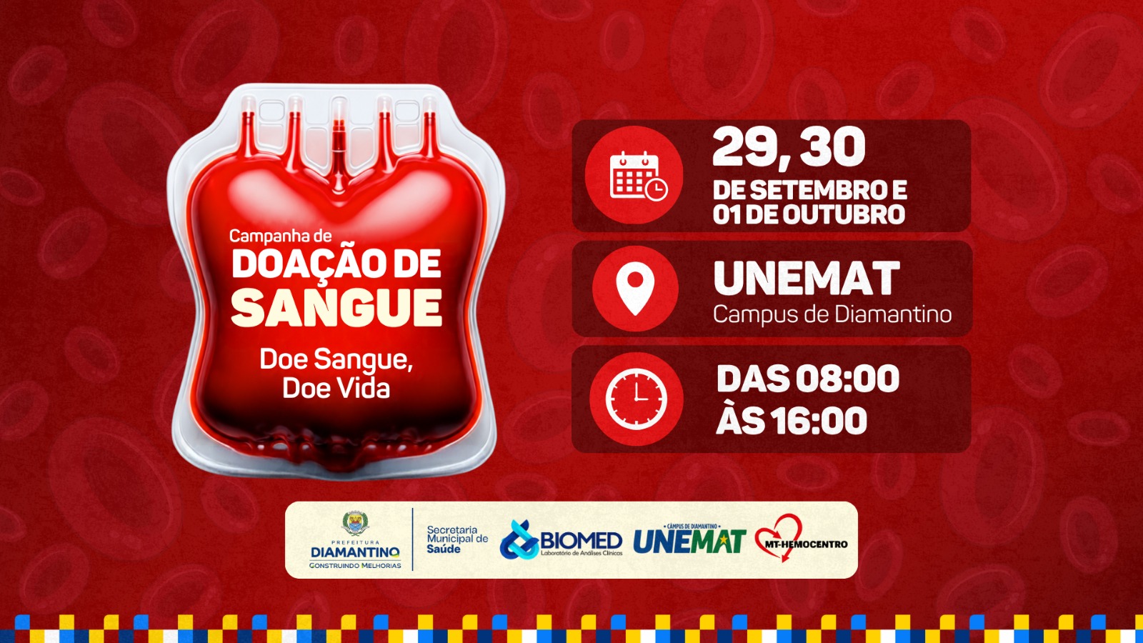 Diamantino realiza campanha de doação de sangue nos dias 29 e 30 de setembro e 1º de outubro